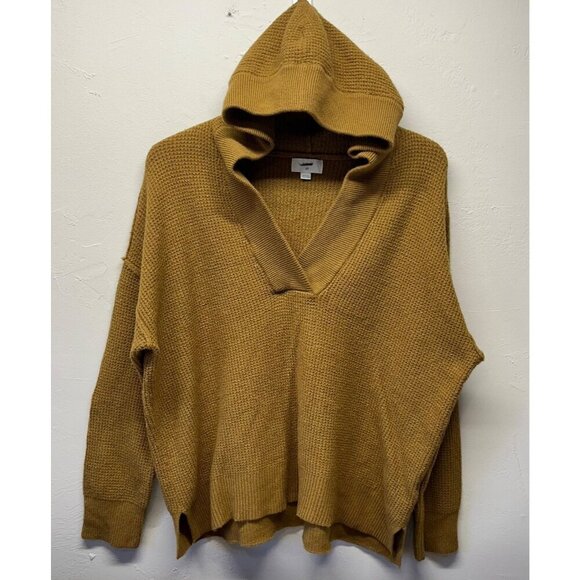 Aerie Oversized Waffle Knit Pullover Sweater V-Neck Hood Womens Small Gold Brown - Picture 1 of 7